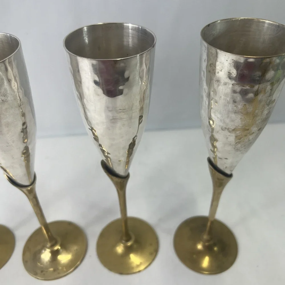 Vintage Art Deco Style Brass & Silverplate Champagne Flute.‎ Set Of 4. Heavy.